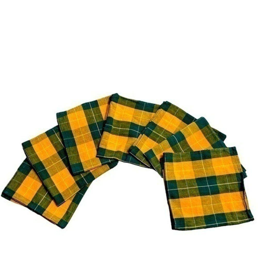 Vintage Orange and Green Plaid Cloth Napkins - Set of 7